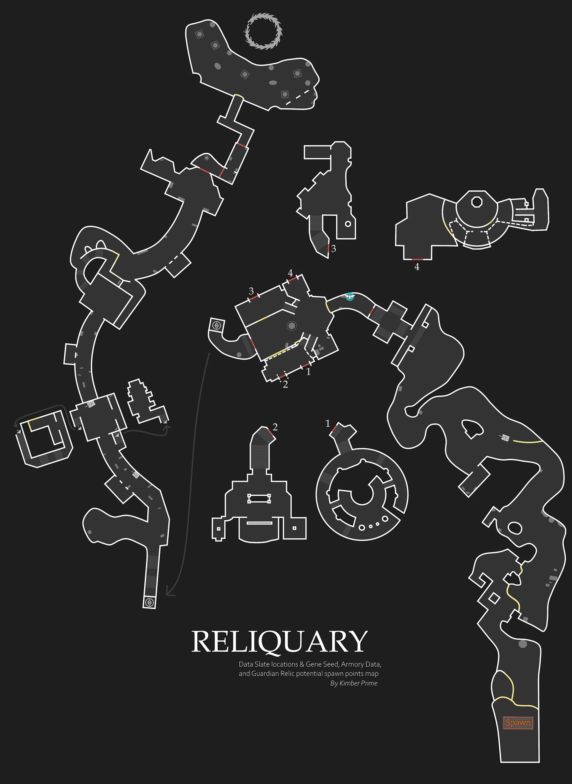 Reliquary tactical map — spawn and item locations